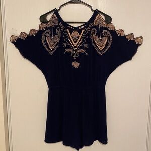 Alya Romper Navy Blue With Cream Embroidery Cold Shoulder Sleeve Short